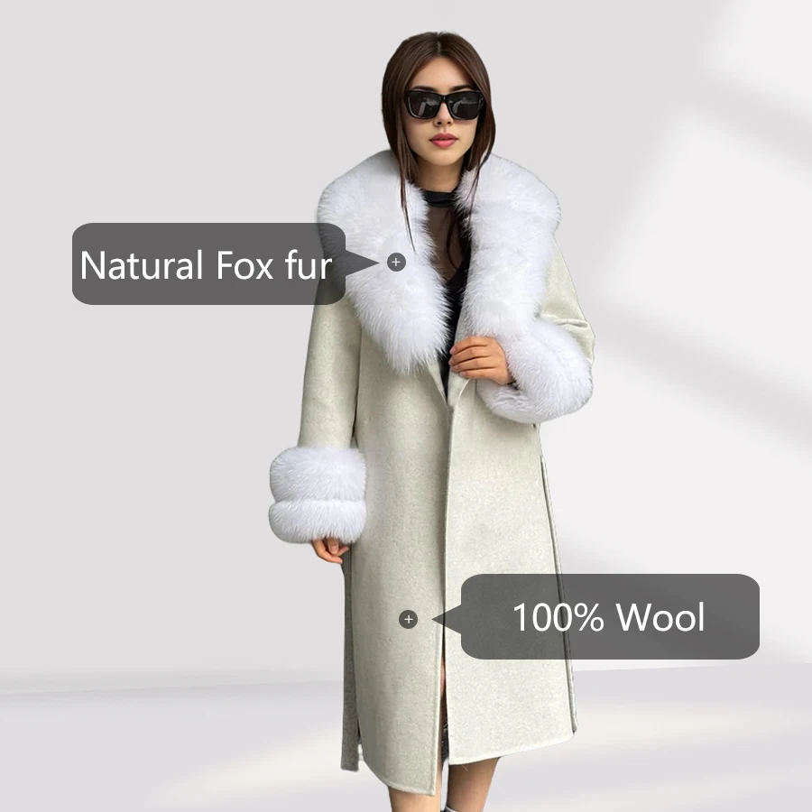 Casacos de lã branca casaco de caxemira real com acabamento de pele de raposa longo misturas de lã casaco de lã de alta qualidade feminino