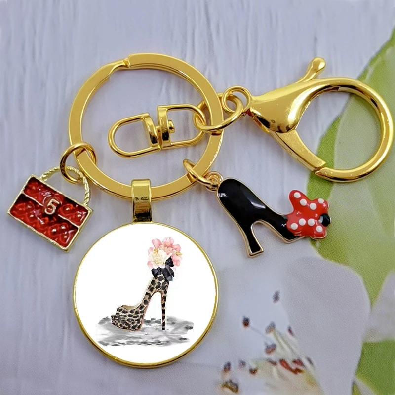 New Fashion Glass High Heel Shoes Key Buckle Drill High Heel Shoes Enamel Wallet Car Key Chain Gift Girl