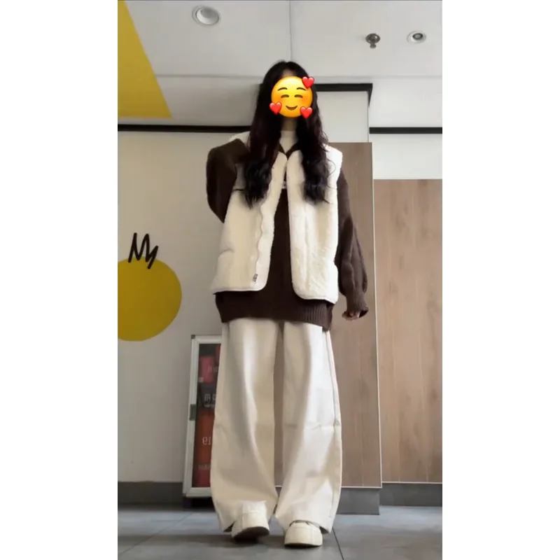 화이트 하이웨이스트 와이드 레그 진 여성용 가을 겨울 루즈 스트레이트 캐주얼 다용도 롱 팬츠 여성용 청바지