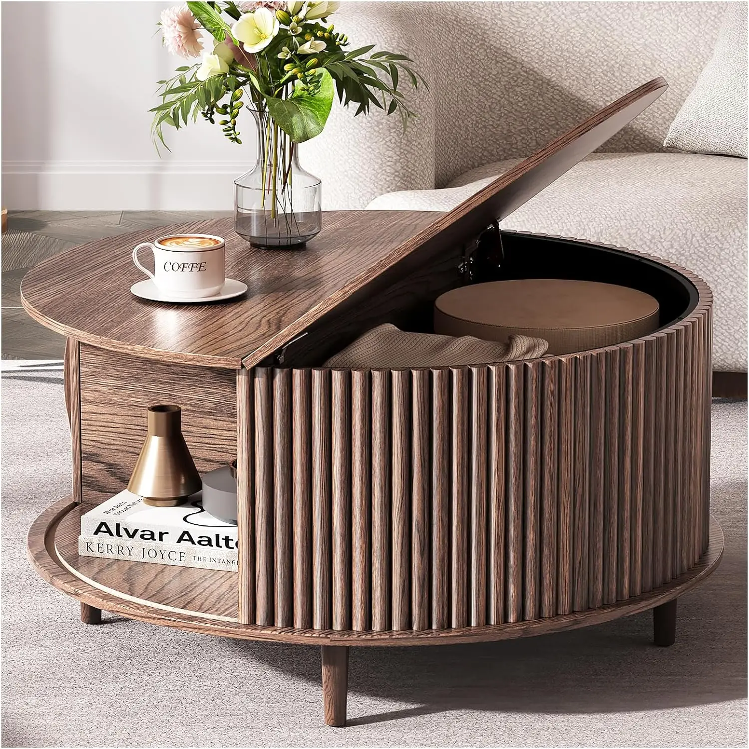 

,Round Coffee Table with Storage, 31.5" Fluted CenterTable for Living Room, Modern Walnut Wood Circle Drum Table