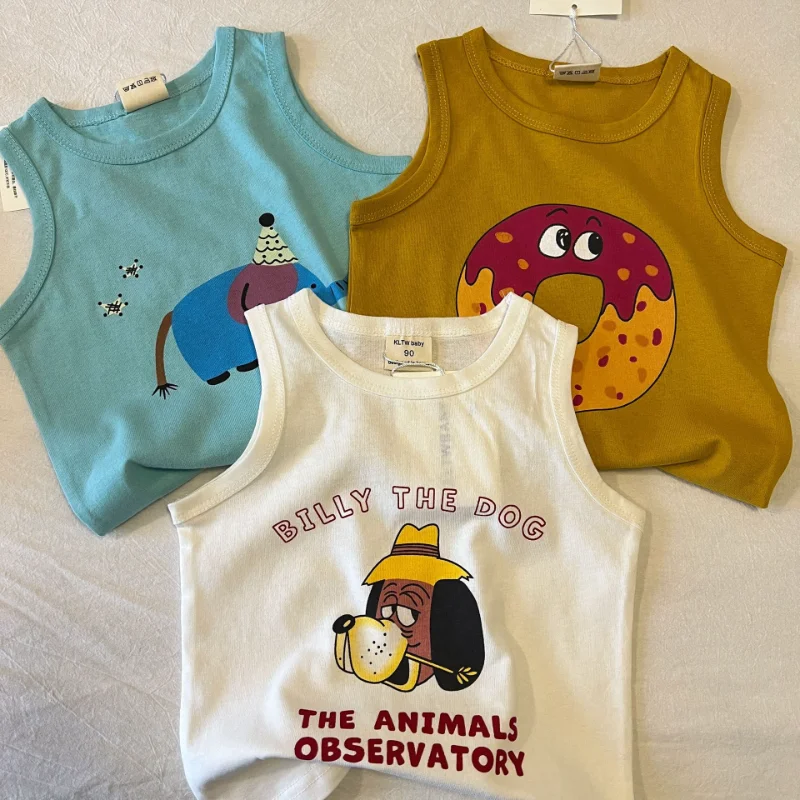 

Детские жилеты без рукавов с круглым вырезом HoneyCherry, новые летние стили. Милые футболки с жилетами из мультфильмов для мальчиков и девочек