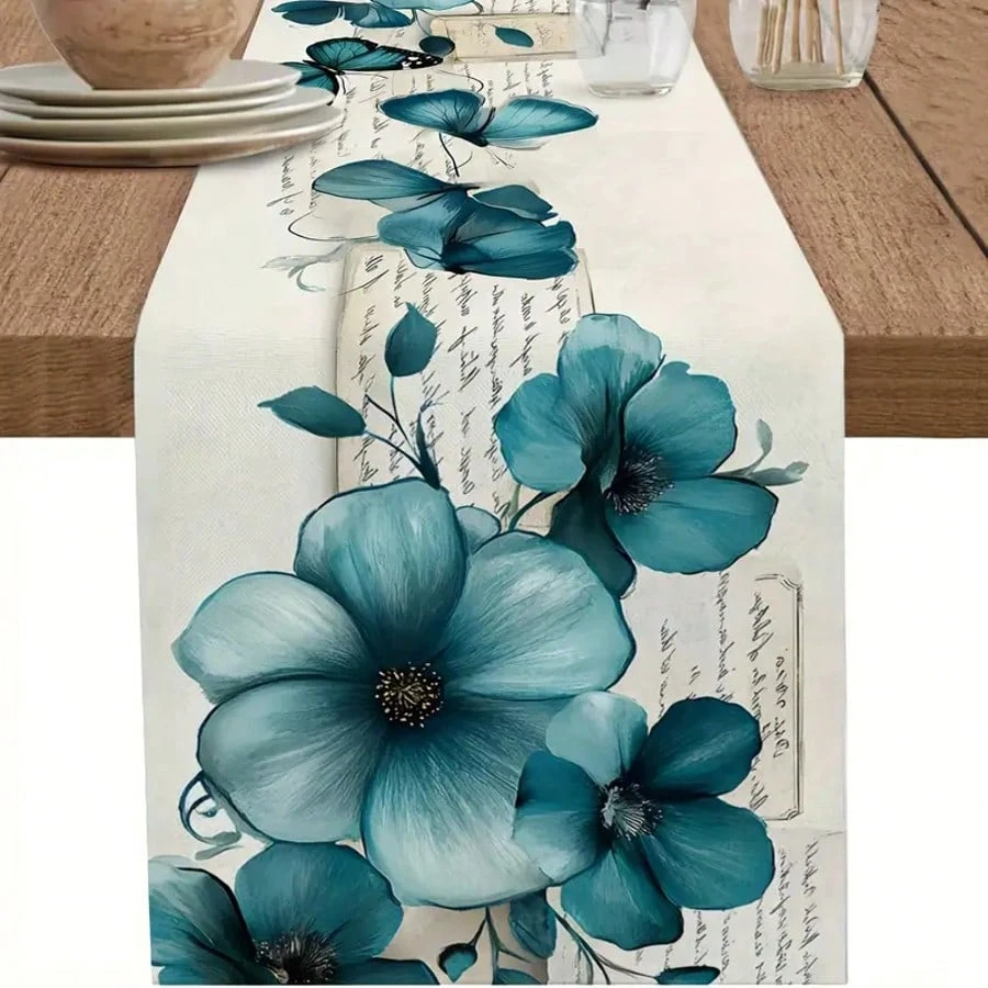 1pc Frühling Retro Teal Blume Leinen Tisch Läufer 2D Druck Dekorative Tischdecke für Esstisch Küche Wohnzimmer wohnkultur
