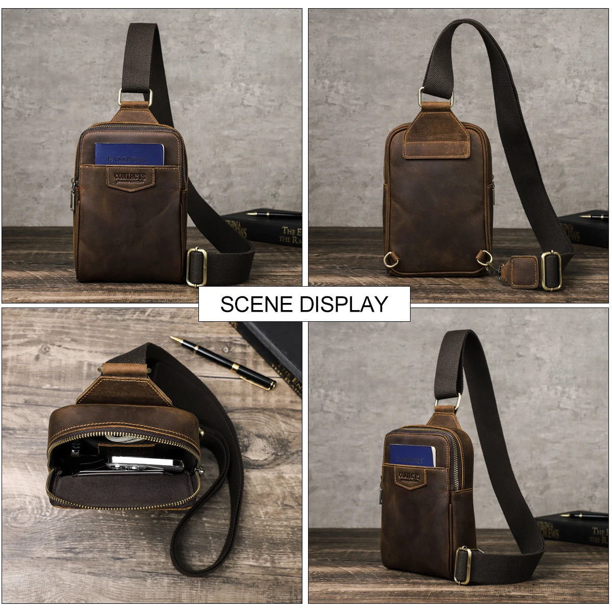 CONTACT'S Genuine Leather Men Chest Bag Small Crossbody Bag Fanny Pack Casual Travel Sling Shoulder Bag Messenger Mini Handbag