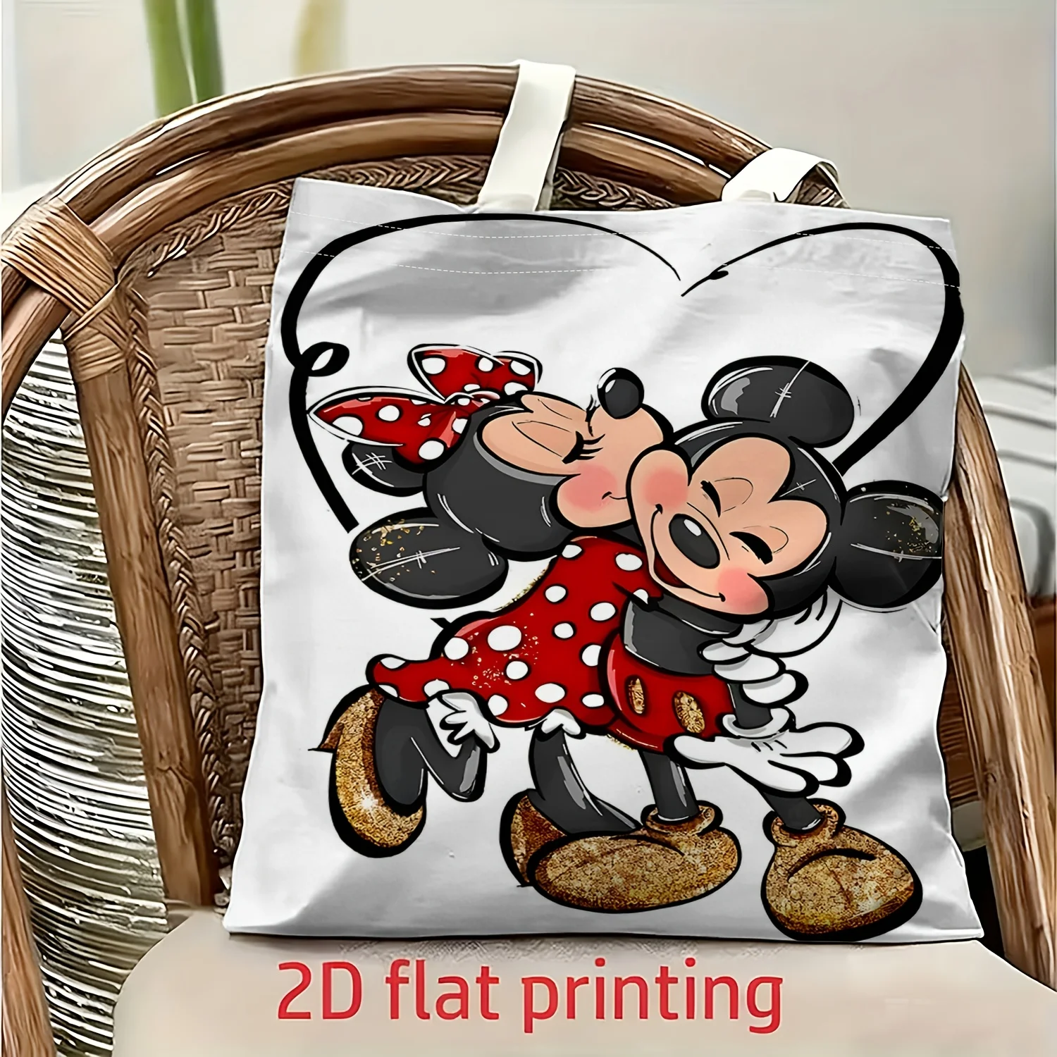 1pc Mickey & Minnie Mouse Glitter Heart Hug Tote Bag, reusab