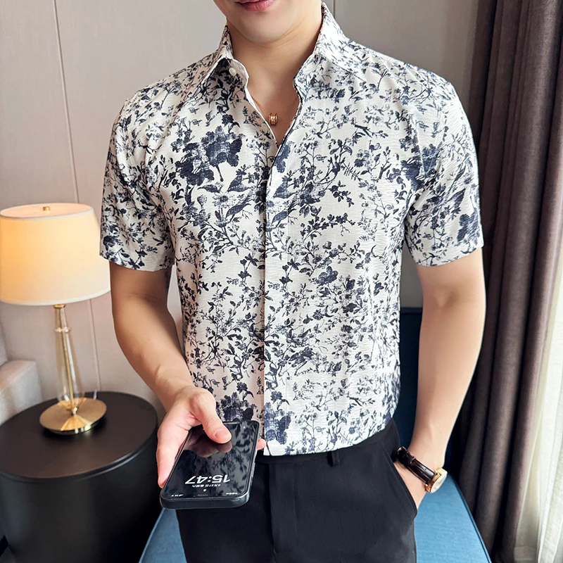 Men Printed Shirt 2024 Summer Light and Thin Retro Casual Elastic Slim Fit Short Sleeved Shirt High-quality Fashion Men Clothing