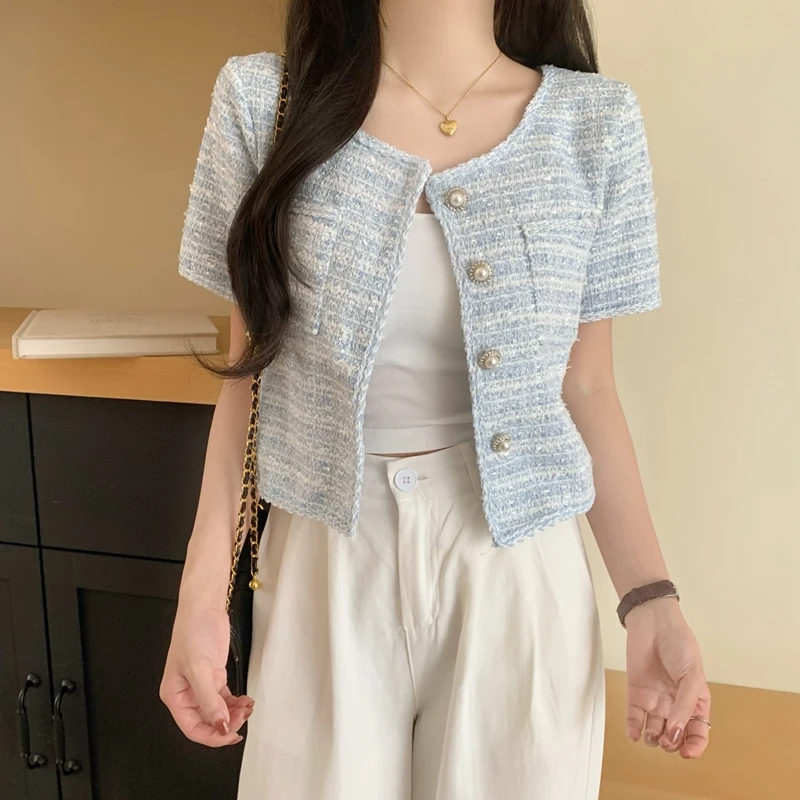 

Elegant O-Neck Single Breasted Cardigan Coat 2024 Summer Autumn Korean Short Sleeve Straight Top Fashion Lady Jacket