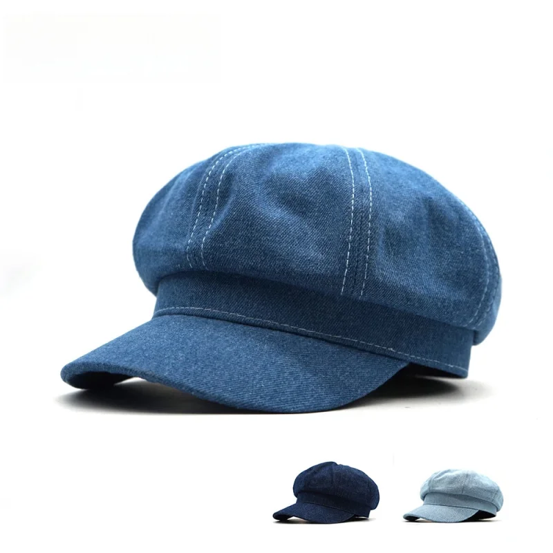 New Women Leisure Ladies Denim Beret Cowboy Cap Newsboy Gatsby Cap Octagonal Baker Peaked Beret Driving Hat