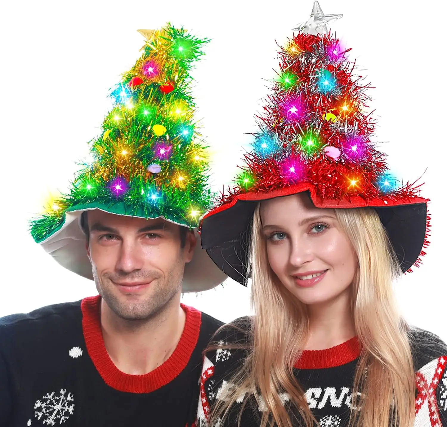 Adults Kids Blinking Glowing Christmas Tree  Hats Santa Hat with Tinsel LED Colorful Lights Star New Year Costume