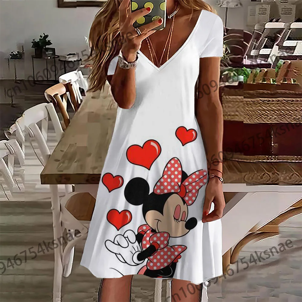 Disney V Neck koszule damskie na letnią sukienkę 2022 nowy Hit sukienka w stylu koreańskim kobiety eleganckie luksusowe Mickey swobodne sukienki