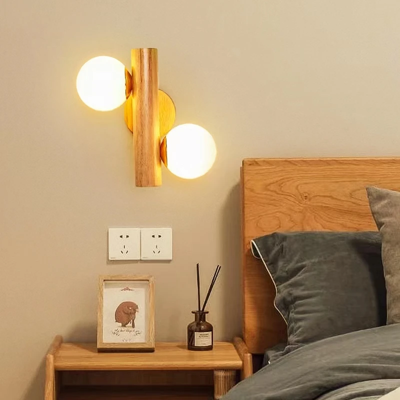 

Wooden Wall Lamps for Living Room Bedside Glass ball Decor Luminaires Stairs Aisle Rest Area Farmhouse Background Wall sconce