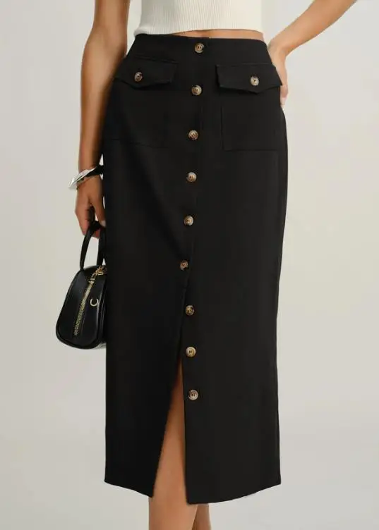 

Осень 2023, новая повседневная юбка в стиле ретро с металлическими пуговицами, черная юбка с высокой талией