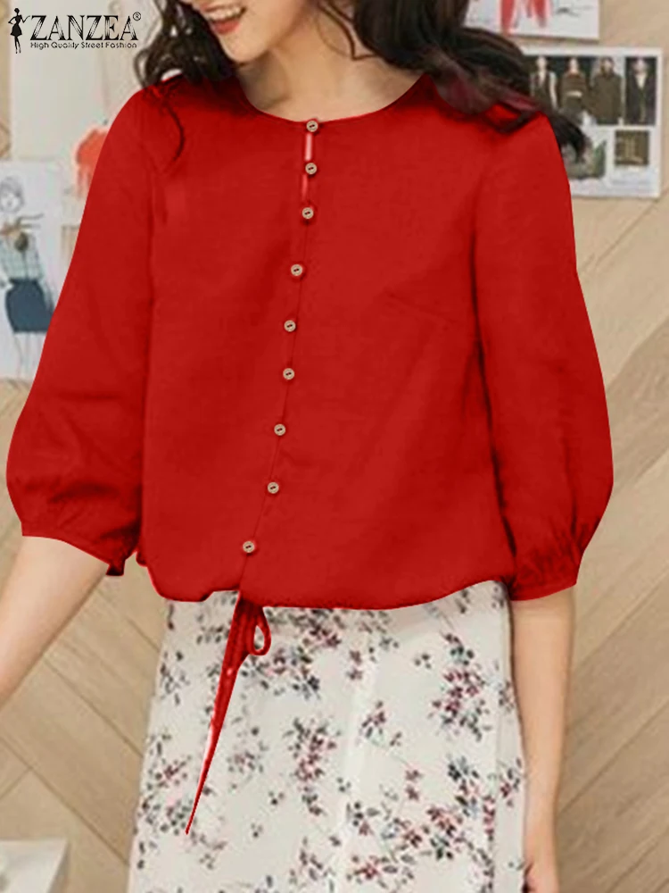 ZANZEA Drawstring Hem Elegant Blouses Daily 3/4 Sleeve Solid Color Women Shirts O Neck 2025 Spring Commute Casual Smock Tops