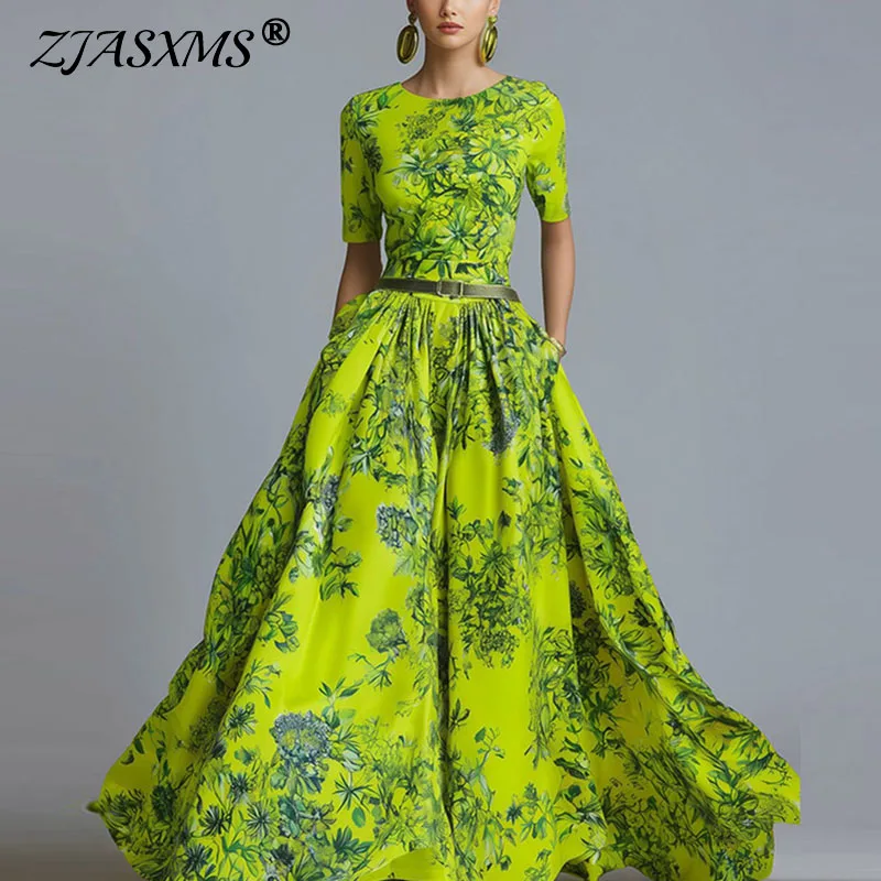 Spring Casual Beach Vacation Boho Dress Woman Elegant O Neck High Waist A-Line Long Dress Summer Short Sleeve Loose Maxi Dresses