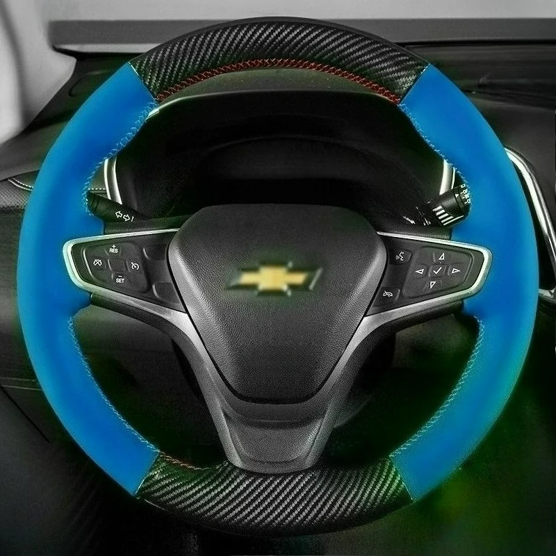 

For Chevrolet Cruze 2014-2018 Volt 2014-2019 Hand Stitched blue Genuine Leather carbon fiber Non-slip car Steering Wheel Cover