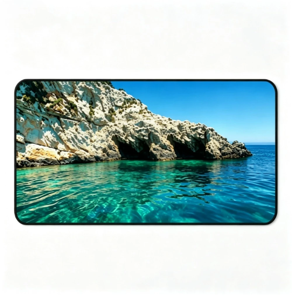 Sea Cave Cliff Large Desk Mat Playmat Natural Ocean Scenery Gaming Mouse Pad, Non-Slip Rubber Keyboard Table Mat for Office Game