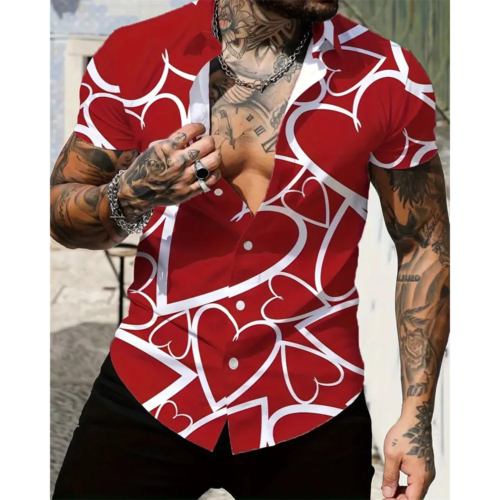 Hawaiian Men's Shirt Heart 3D Printing Casual Men's Shirt Button Short Sleeve T-Shirt Lapel Summer Valentine's Day Men Clothing