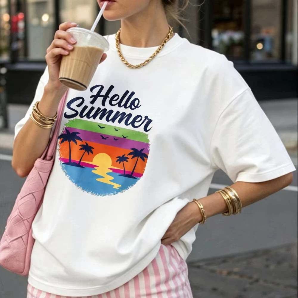 Women Hello Summer Palm Tree Sunset Beach Print T Shirt Retro Gradient Graphic Crew Neck Short Sleeve Cotton Holiday Casual Tops