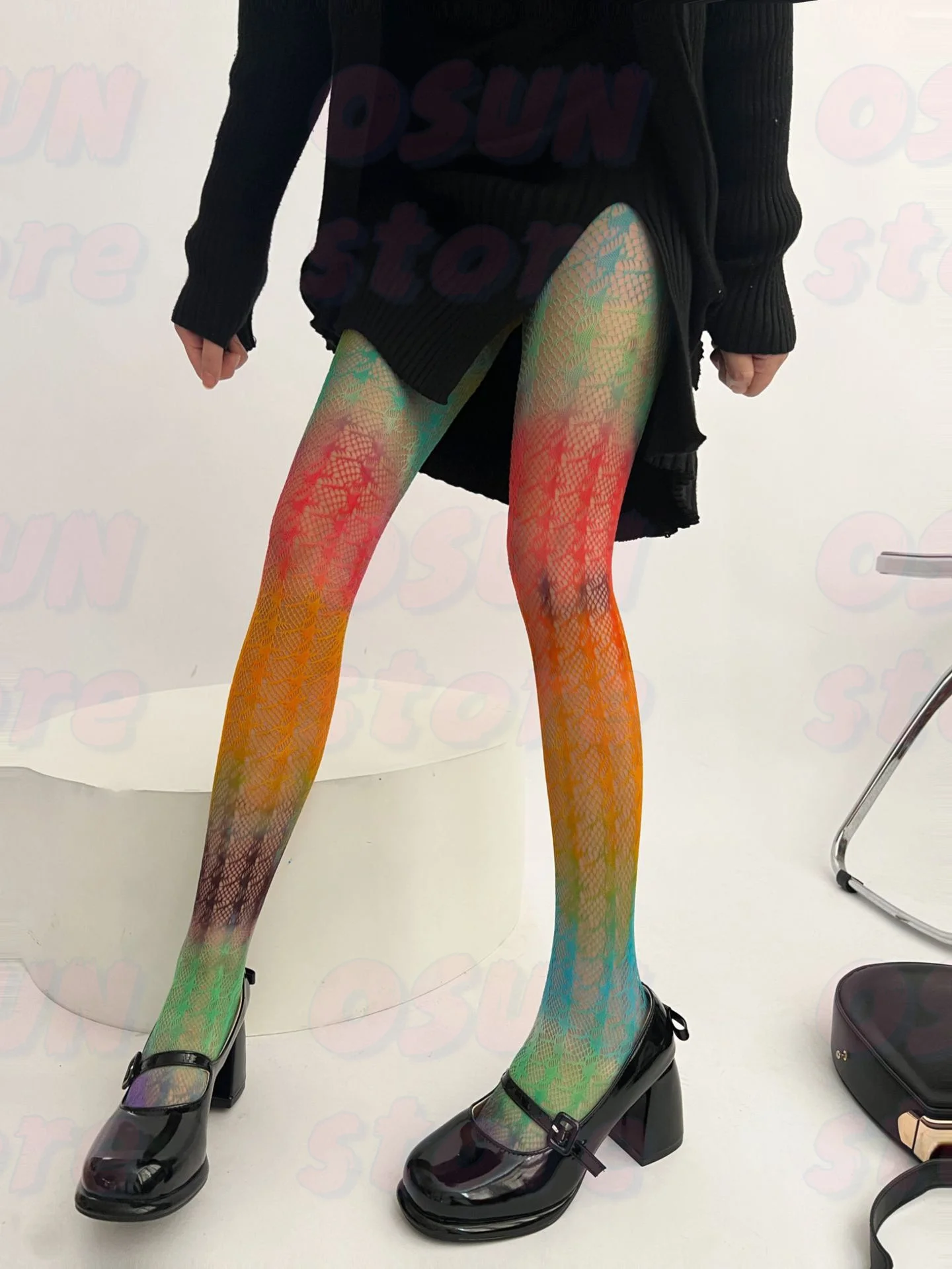 Sweet cool Y2K niche color rainbow mesh socks personality color jacquard fishnet socks Fashion gradient personality pantyhose