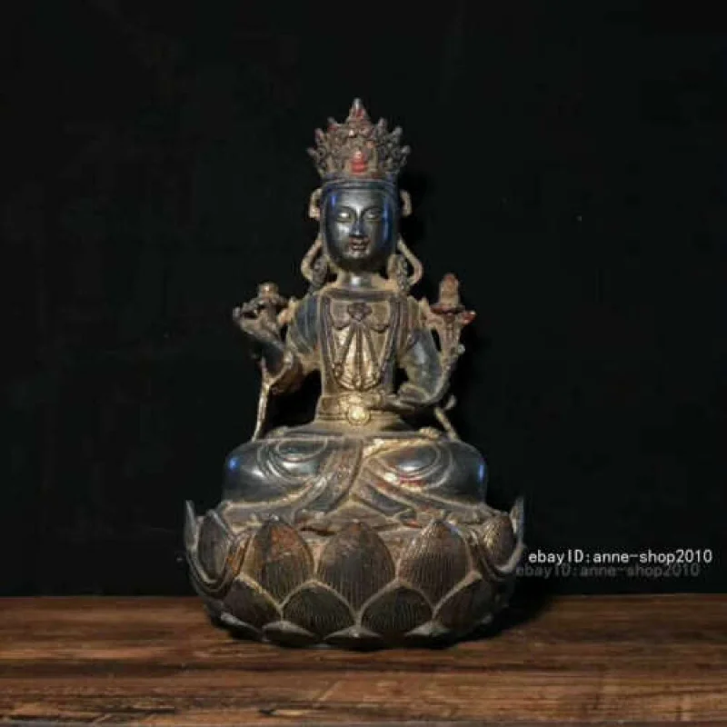 24cm Marked China Old Brass Bronze copper Kwwan-Yin Guanyin Buddha Statue