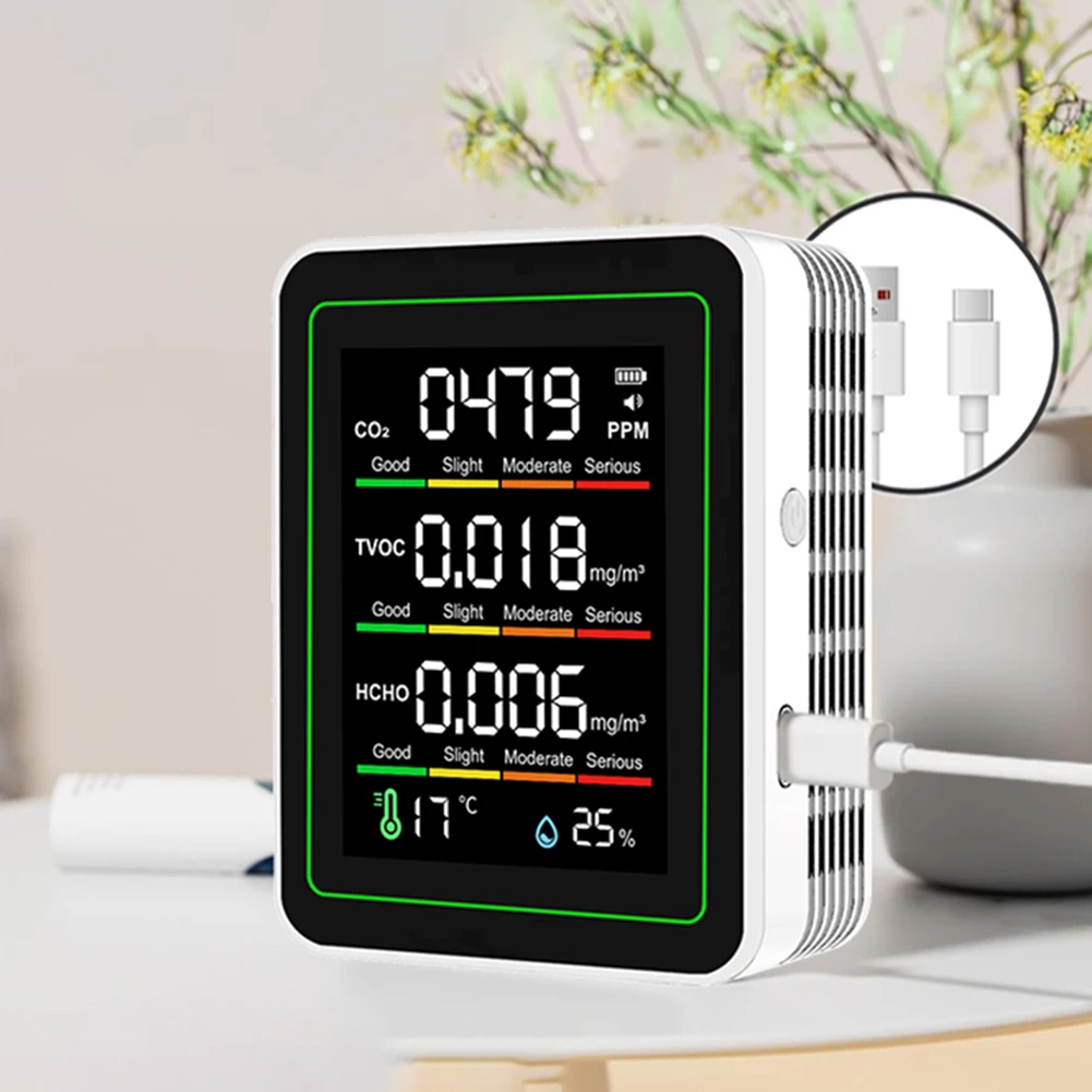 

Newly Upgraded 5-in-1 Air Detector Large Color Screen 30 Hours Battery Life Formaldehyde TVOC Temperature Humidity CO 2 Detector