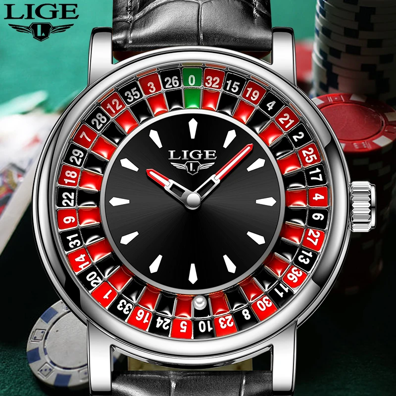 LIGE 2026 men's watches Luminous waterproof quartz wristwatch dial Las Vegas roulette table desktop theme watches for men reloj