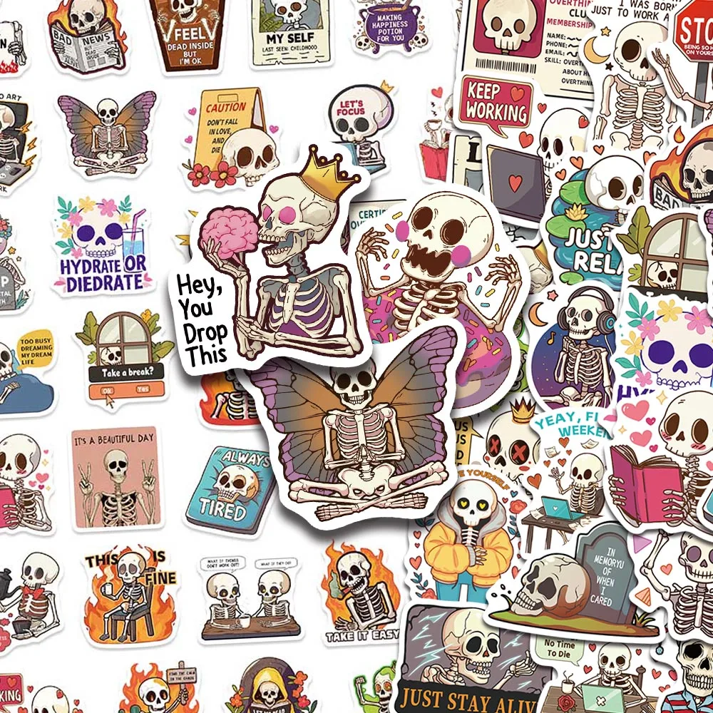 50pcs Cartoon Cute Skull Stickers Mental Health Awareness Stickers For Phone Loptop Suitcase Guitar Skateboard DIY Graffiti Gift