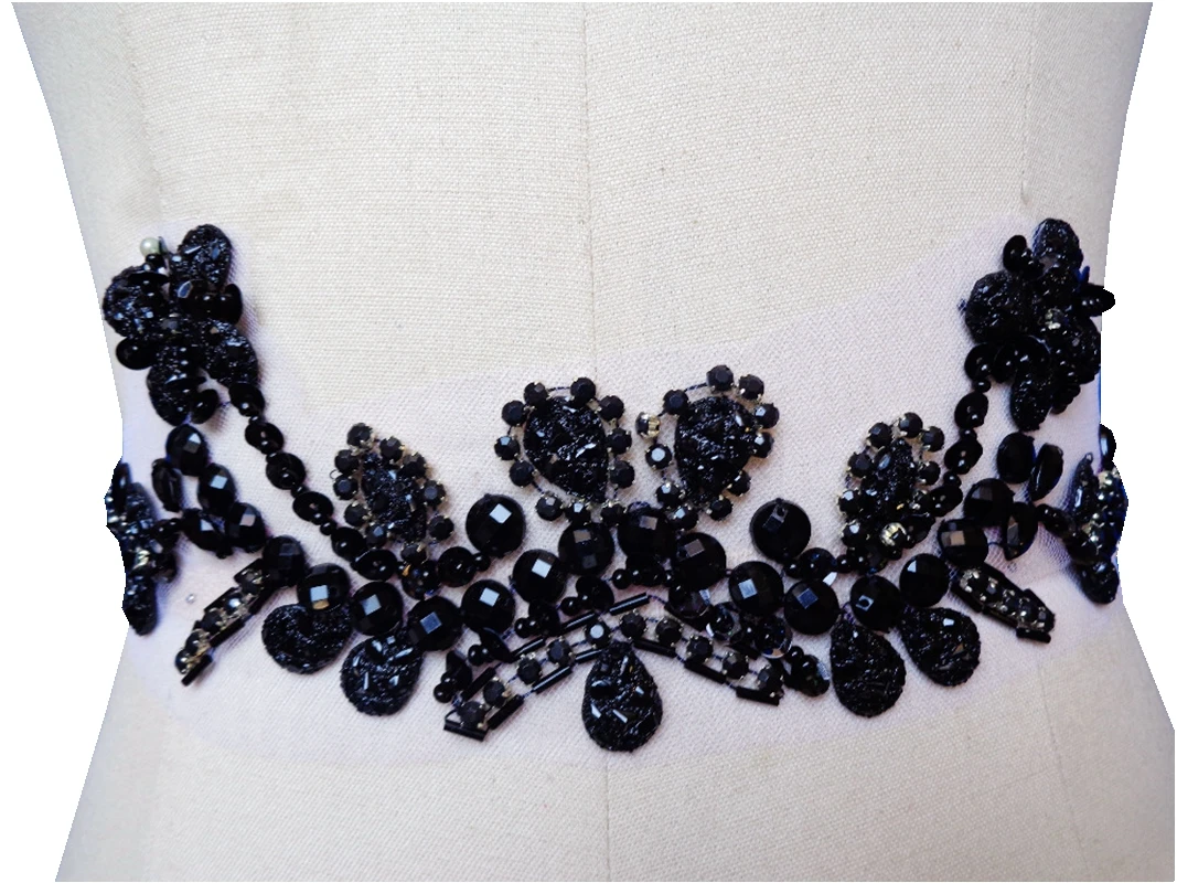 Handmade black crystal patches trim sew on Rhinestones applique with stones sequins beads 30*7cm for top dress