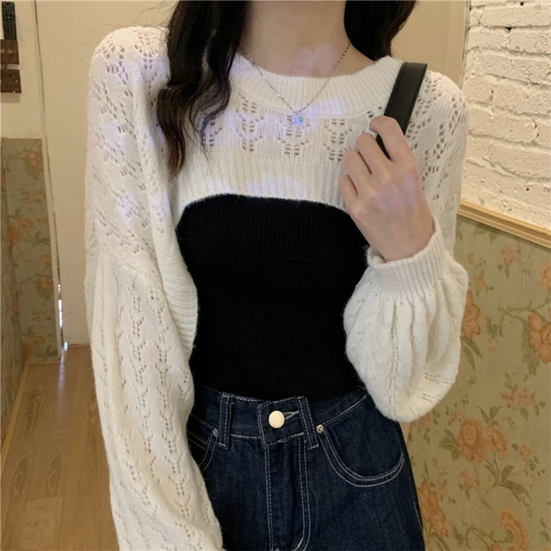 Women Knit Shrugs Cropped Sweaters Fashion Hollow out Loose Pullovers Stylish Long Sleeves Cover Ups All-match Blouse Tops