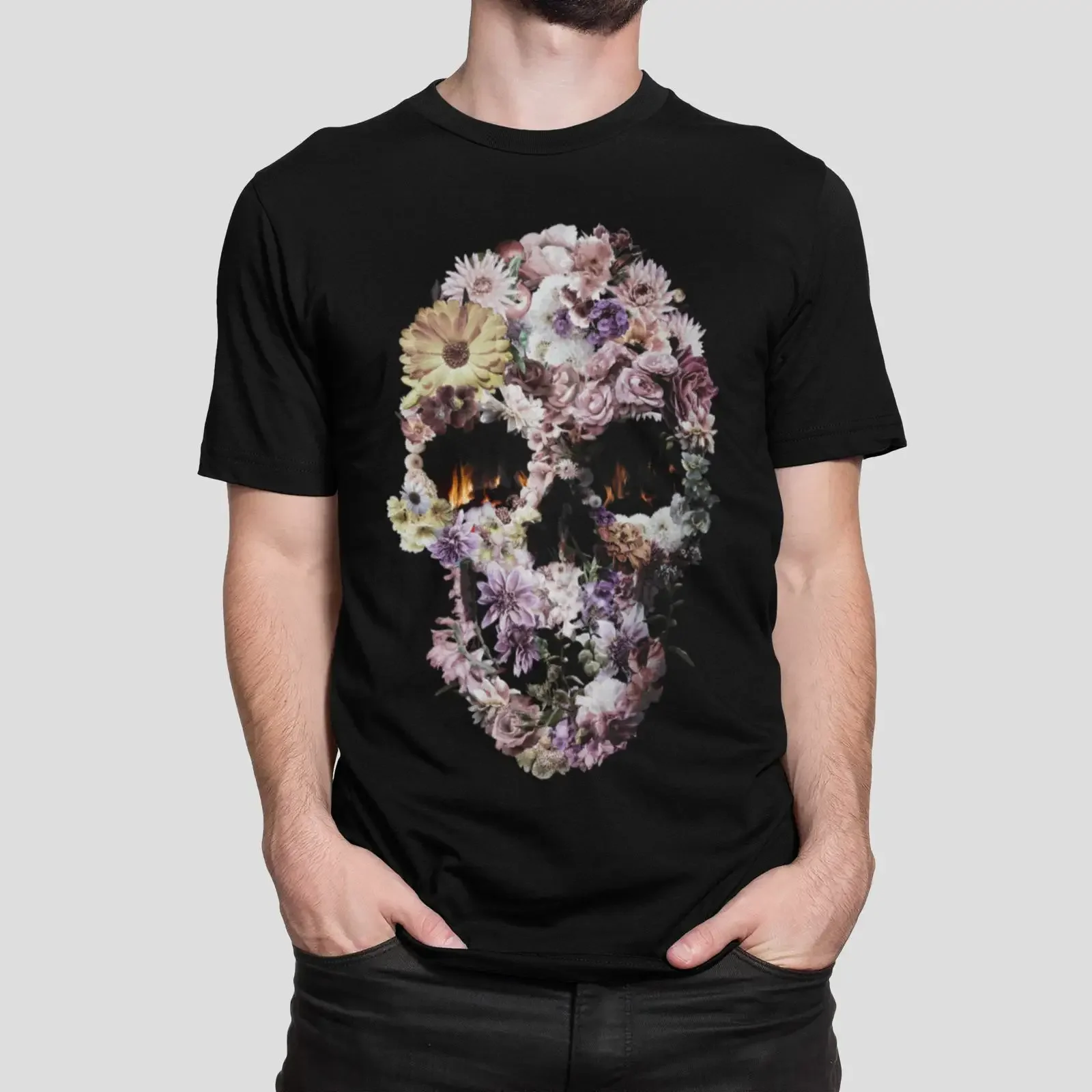 T-shirt homme motif crâne floral, imprimé gothique Sugar Art, style vintage délavé, pour un usage quotidien, mode confortable, décontracté et respirant