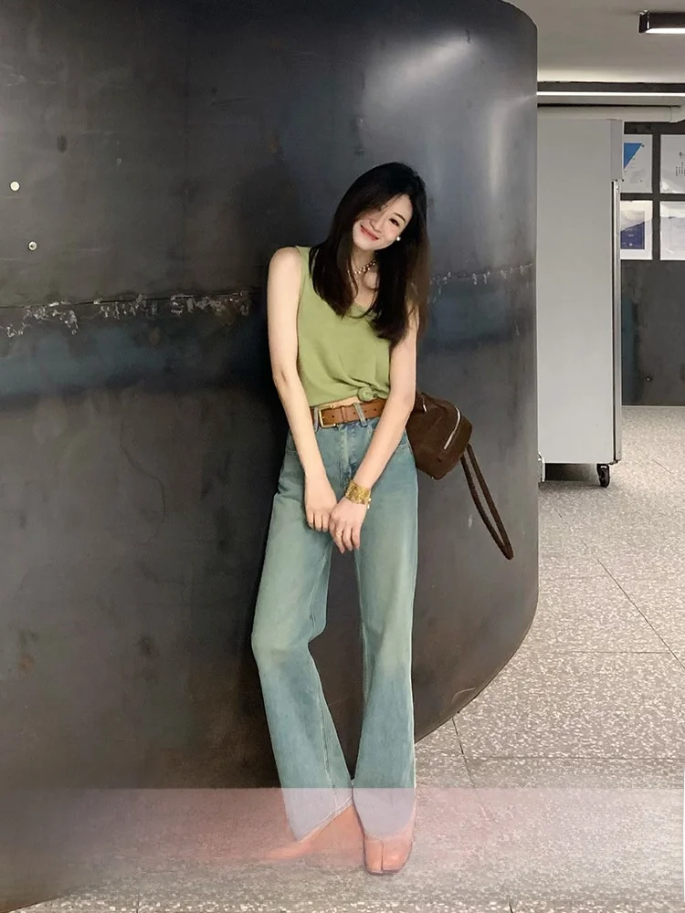 

Свободные широкие джинсы с высокой талией для женщин, синие, из денима, весенние, тонкие, длинные брюки