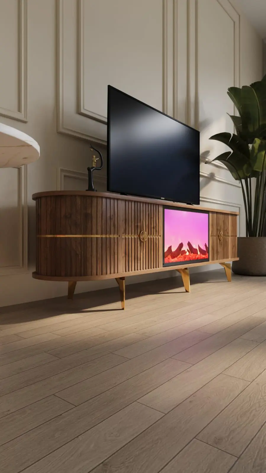 *Wooden Electronic Fireplace TV Stand with Bluetooth Connection Modern Luxury Design for Living Room & Hotel Use Floor Mount