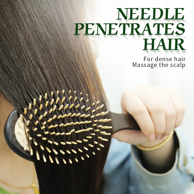 فرشاة شعر خشبية سوداء للنساء تدليك فروة الرأس وفك تشابك الشعر فرشاة واسعة الأسنان مشط الشعر وسادة هوائية فقدان الشعر تحسين فروة الرأس أداة #3