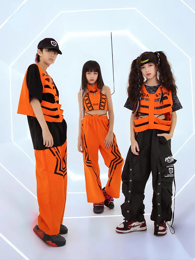 Nieuwe Tieners Kinderen Hiphopkleding Oranje Vest Broek Pak Meisjes Jazz Performance Kostuum Moderne Danskleding Jongens Podiumkleding