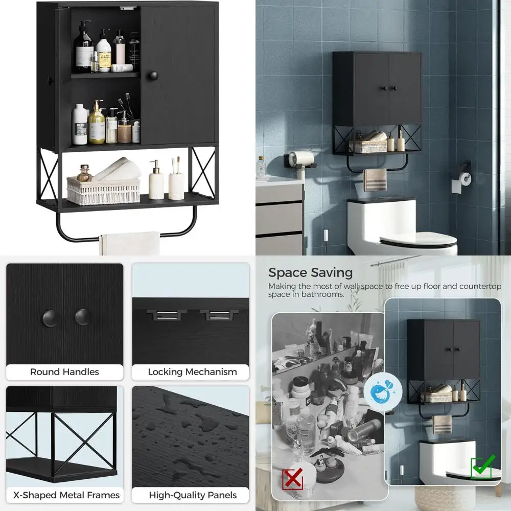 

Настенный шкаф для ванной комнаты с двойной дверцей и регулируемыми полками, с держателем для полотенец, 3-ярусный, для хранения над унитазом, 18,9 л, черный