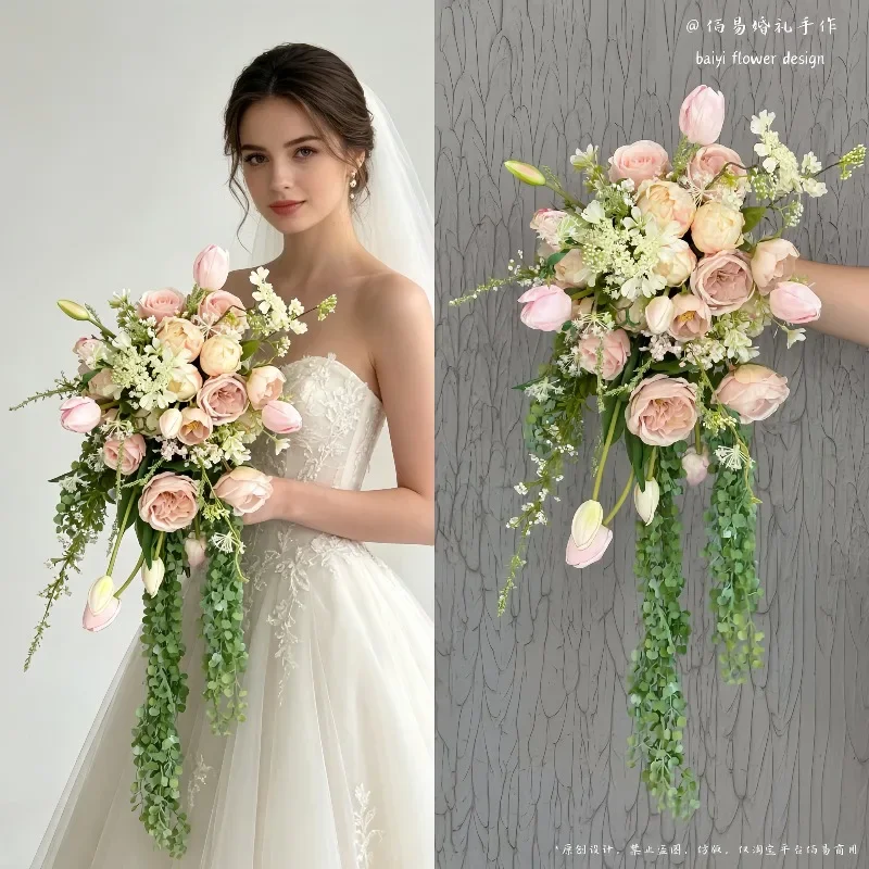 DIY simulated bouquet bridal bouquet waterfall pink Korean rose wedding photo props wedding photo hot
