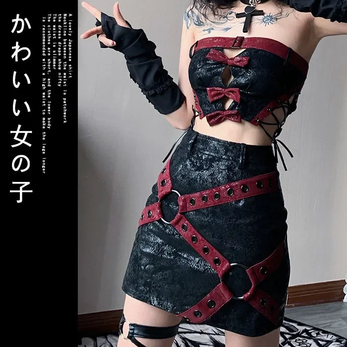 High Waist Motorcycle Skirts Suit for Girls, Japanese Harajuku, Gothic, Red, Black, Splicing, Kawaii, Hot Fashion, New