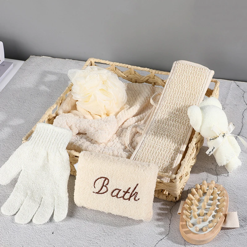 1 Set Spa Gift Cute Bear Basket Bathing Skin Cleaning Kit Spa Gift For Women Sisal Bath Flower Kit Back Scrubber Gloves Massager