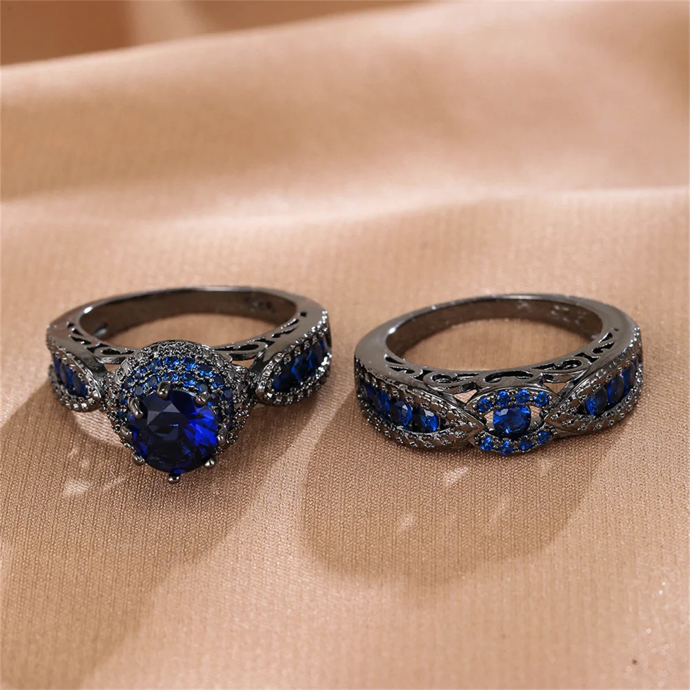 2pcs/set Blue Zircon Round Stone Crystal Ring Sets For Women Vintage Black Metal Engagement Rings Wedding Jewelry Versatile Gift