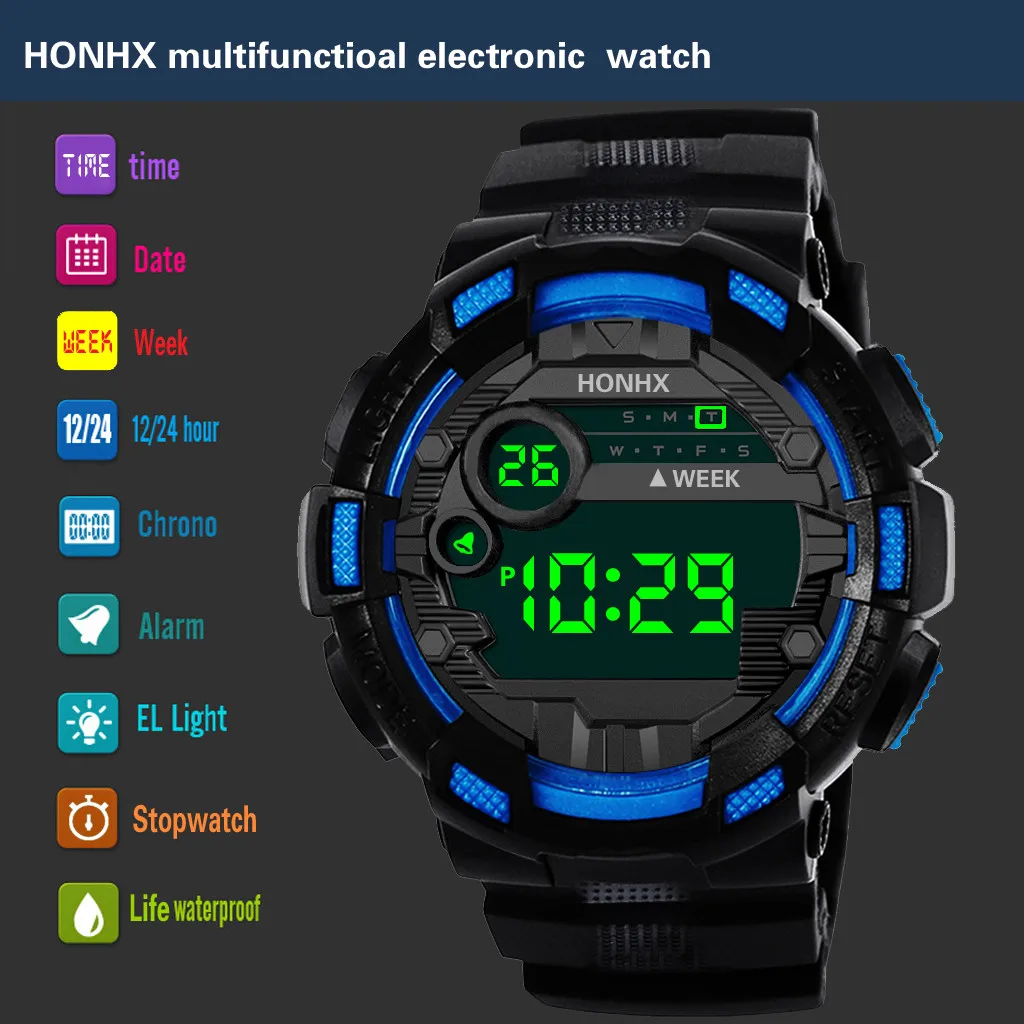 Multifunction Digital Watch Man Sport Electronic Waterproof Black Hand Clock Boy Casual Shockproof LED Fashion Wristwatch Male