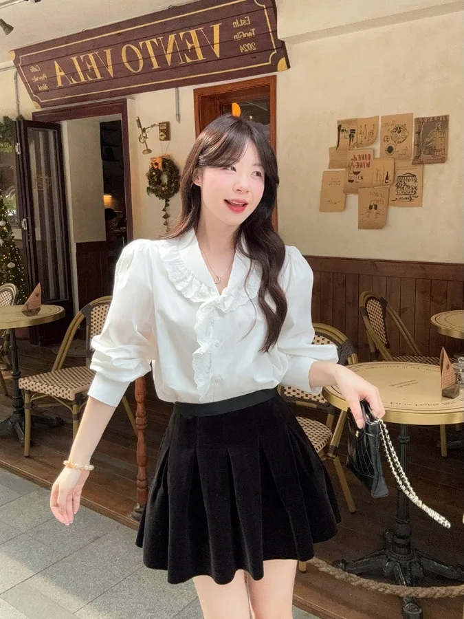 

plus Size Women's irt Lace Patchwork Long Sve Doll Collar Spring Summer New Design Ele Top Korean Sle Loose Fit