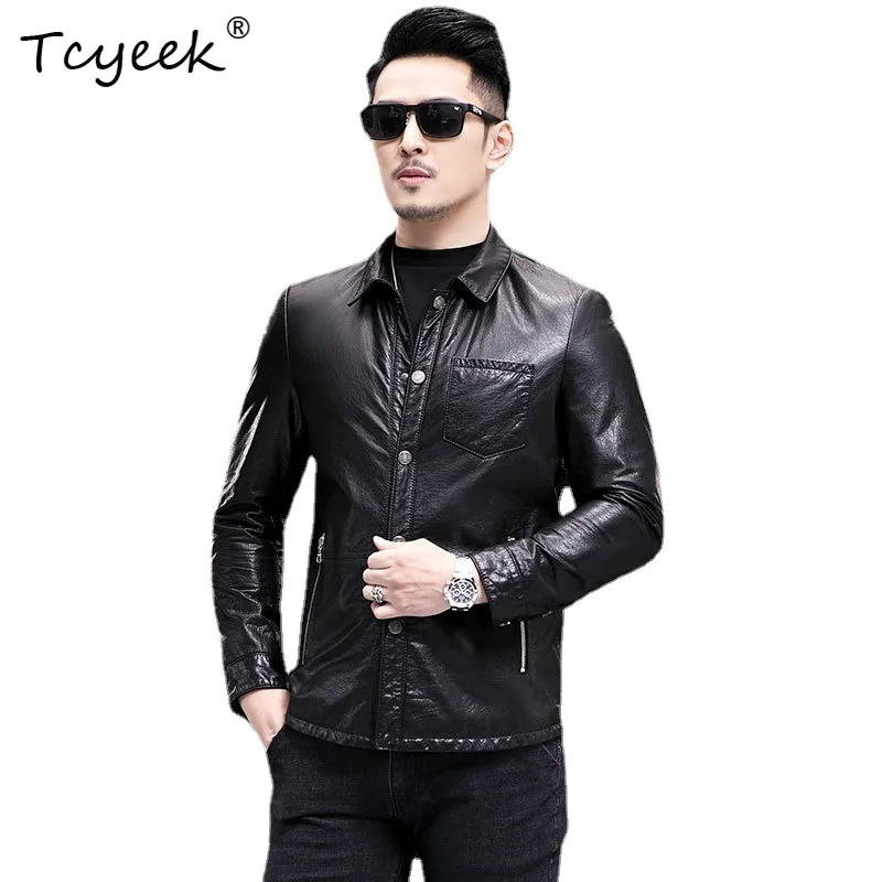 Tcyeek Real Leather Jacket Men Spring Autumn Clothes Trendy Cowhide Mens Coats Business Casual Leather Coat Thin Style Chaquetas