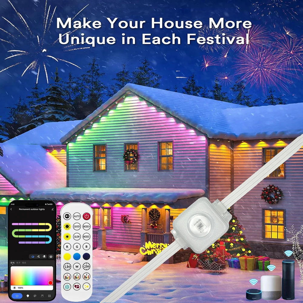 RGB Outdoor Eaves Light String 15M 30LEDS Remote Control App Control Waterproof Easy Install for Festival Xmas Decor