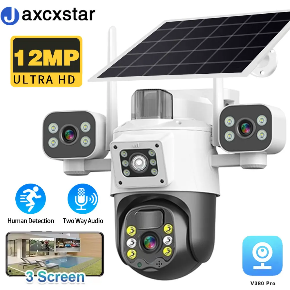 

12MP Three Lens Three Screens G PTZ IP Solar Camera Outdoor Waterproof 2-way Audio Wireless CCTV Security Monitoring Cam V380 Pr