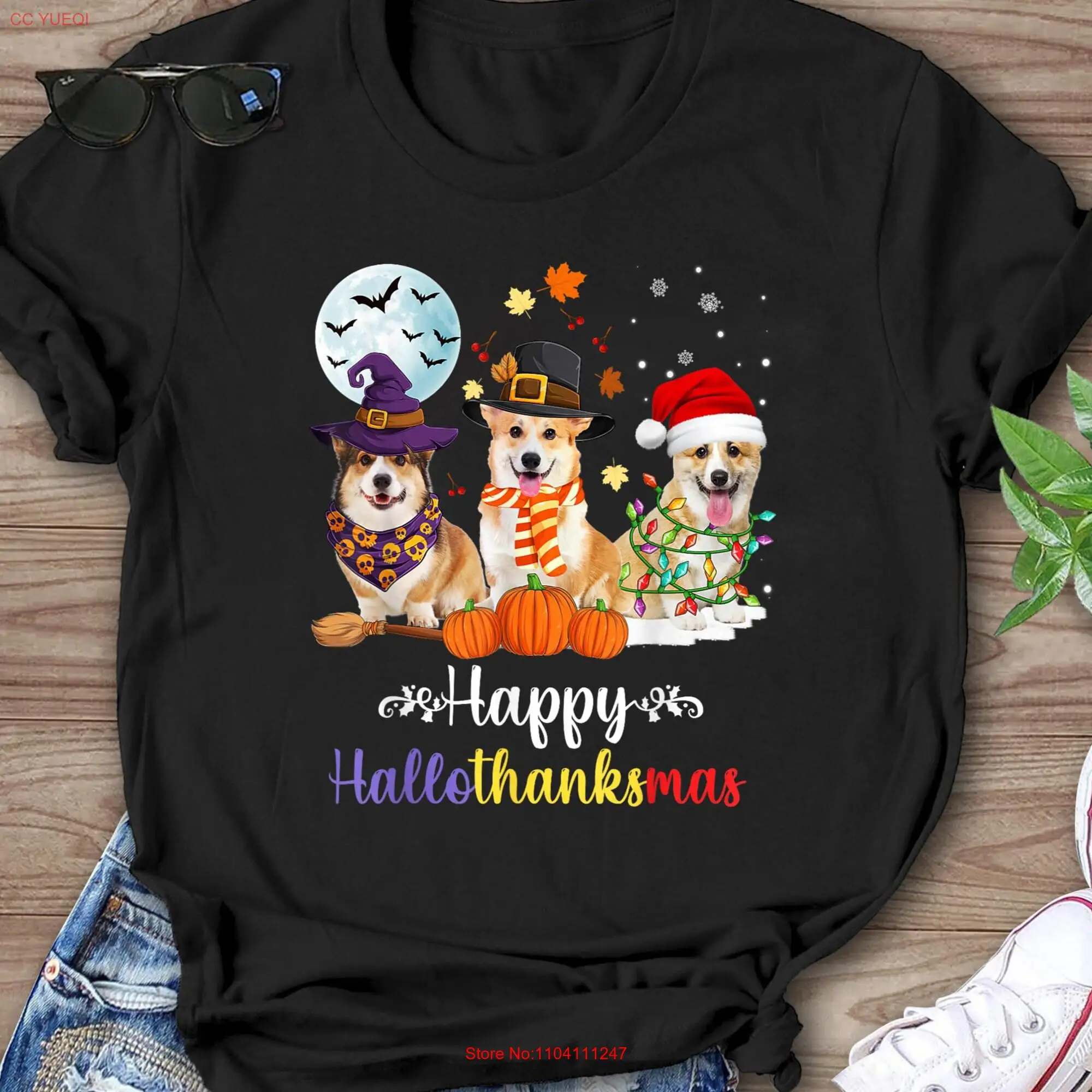 Corgi Dog Halloween Merry Christmas Happy Hallothanksmas T Shirt for Lovers Funny Mother's Day long or short sleeves