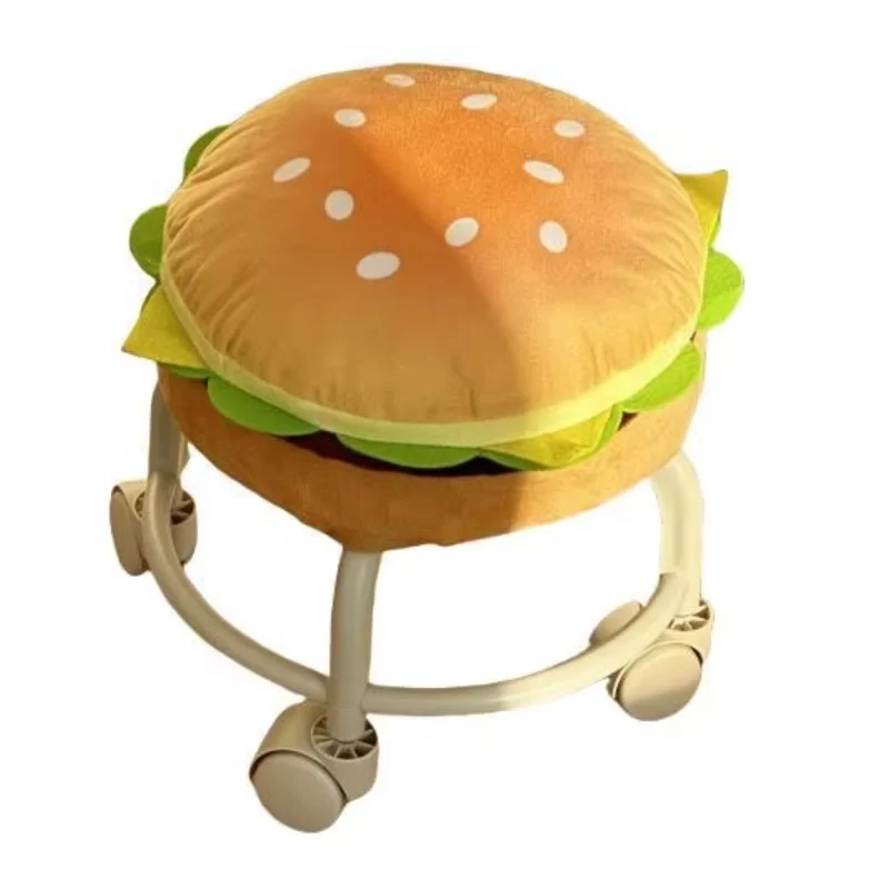 Cute Hamburger Rolling Stool, Soft Upholstered Rotating Chair With Wheels, Funny Kids Home Furniture For Living Room Bedroom