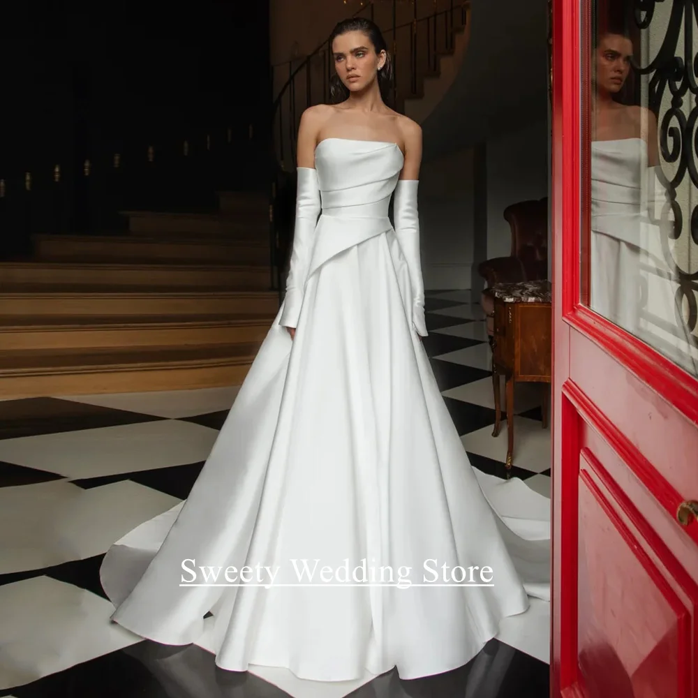 Moderne arabische Brautkleider, maßgeschneidert, U-Boot-Ausschnitt, abnehmbare volle Ärmel, Sweep-Zug, A-Linie, Satin-Brautkleid für die Braut