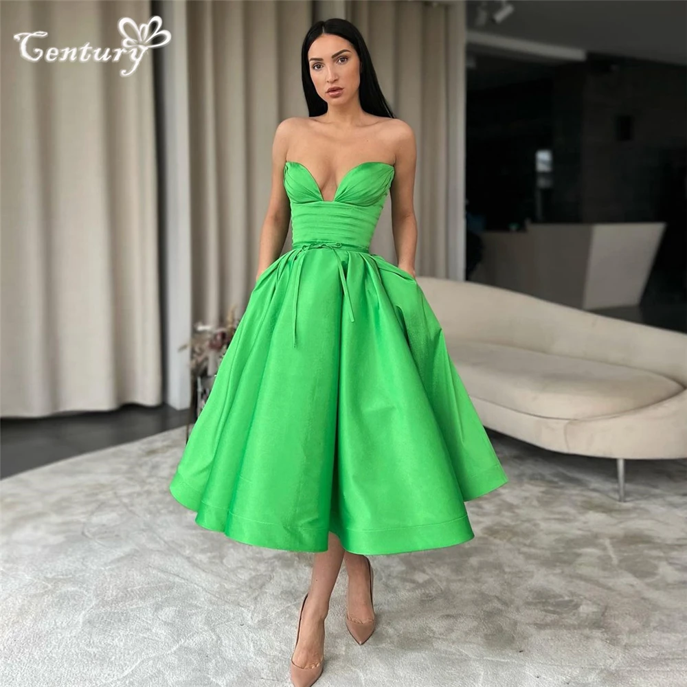 

Green Arabic Prom Dress Short Strapless Sleeveless Tea Length Simple Dubai Evening Party Gowns Formal Dresses Customized