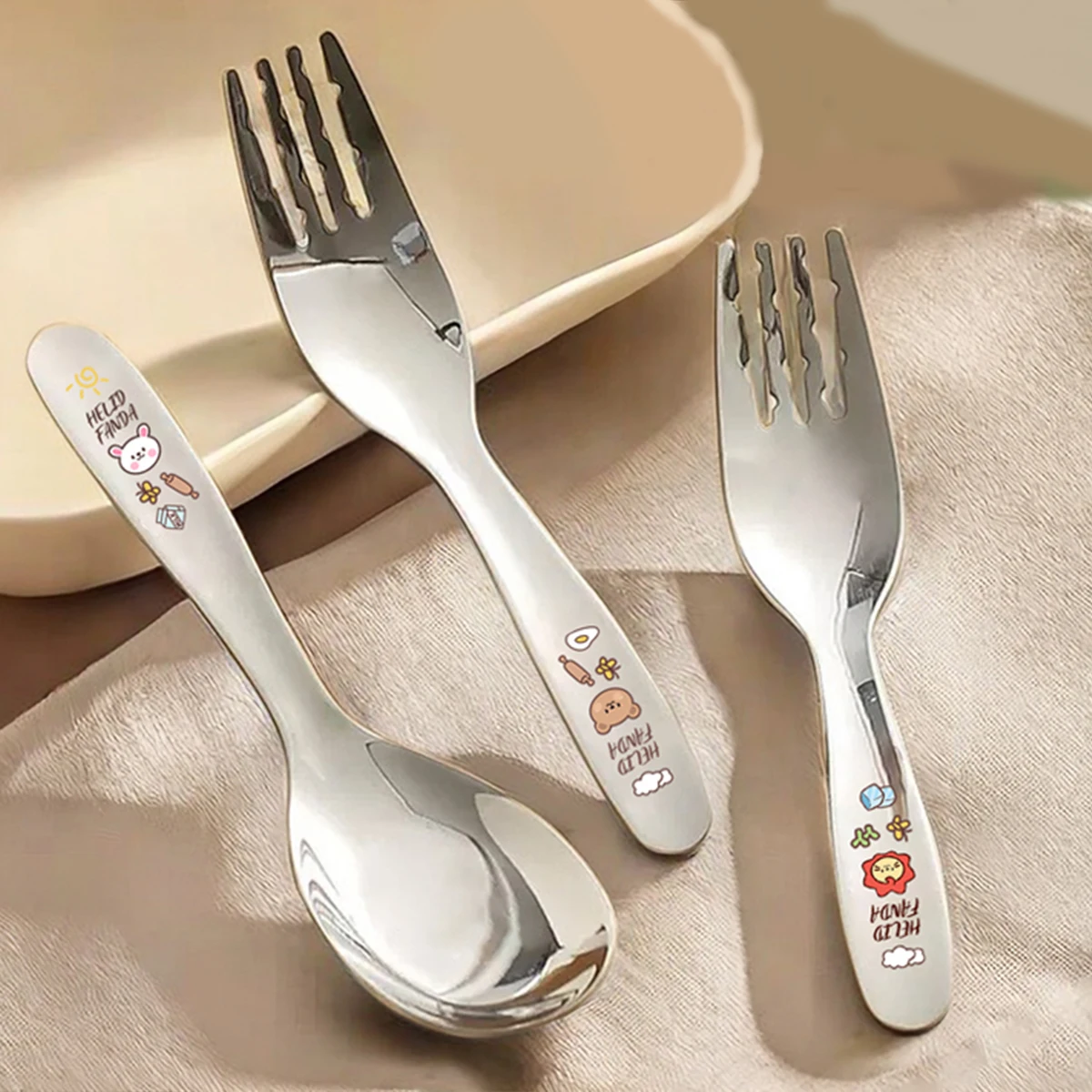 WORTHBUY Kid Dinner Fork 316 Stainless Steel Dessert Spoon Fork Set Cartoon Children Fruit Salad Fork Party Kitchen Cutlery Set