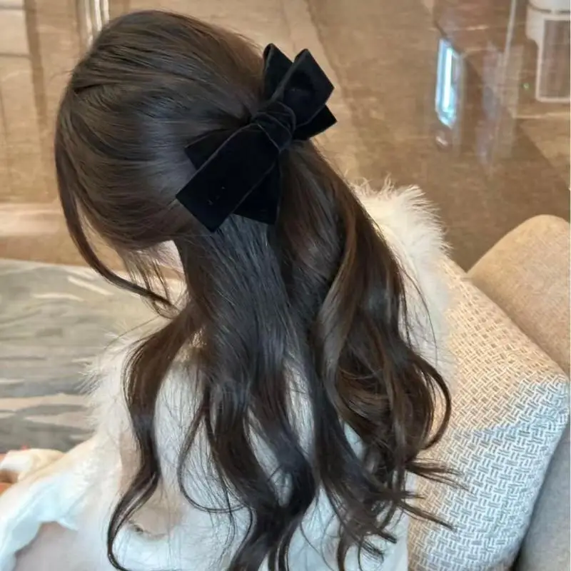 Zwart fluwelen strik haarclip grote satijnen strik haarspeld retro elegant haaraccessoire voor vrouwen achterkant van het hoofd haarspeldje