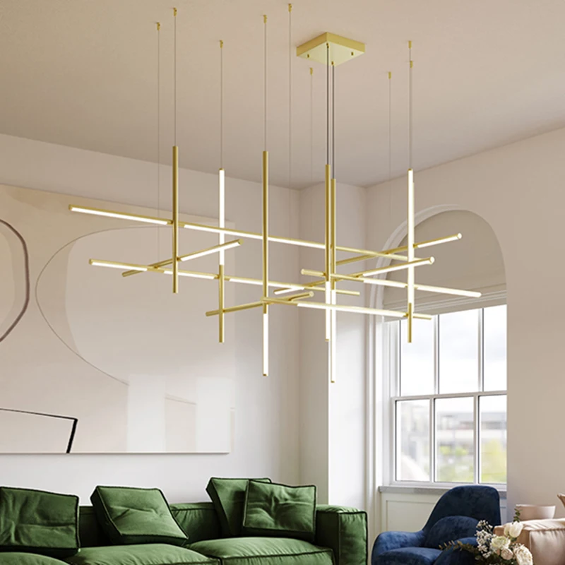 

Italian Gold Chandelier Multi-Head Minimalist LED Staircase Pendant Light Living Room Dining Table Modern Linear Hanging Lights